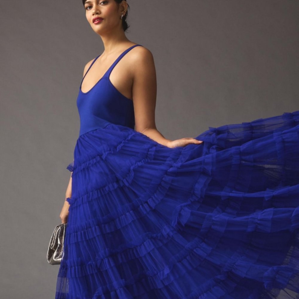 By Anthropologie Plus x Let Me Be Tiered Tulle Dress Sapphire Plus Size 2X New